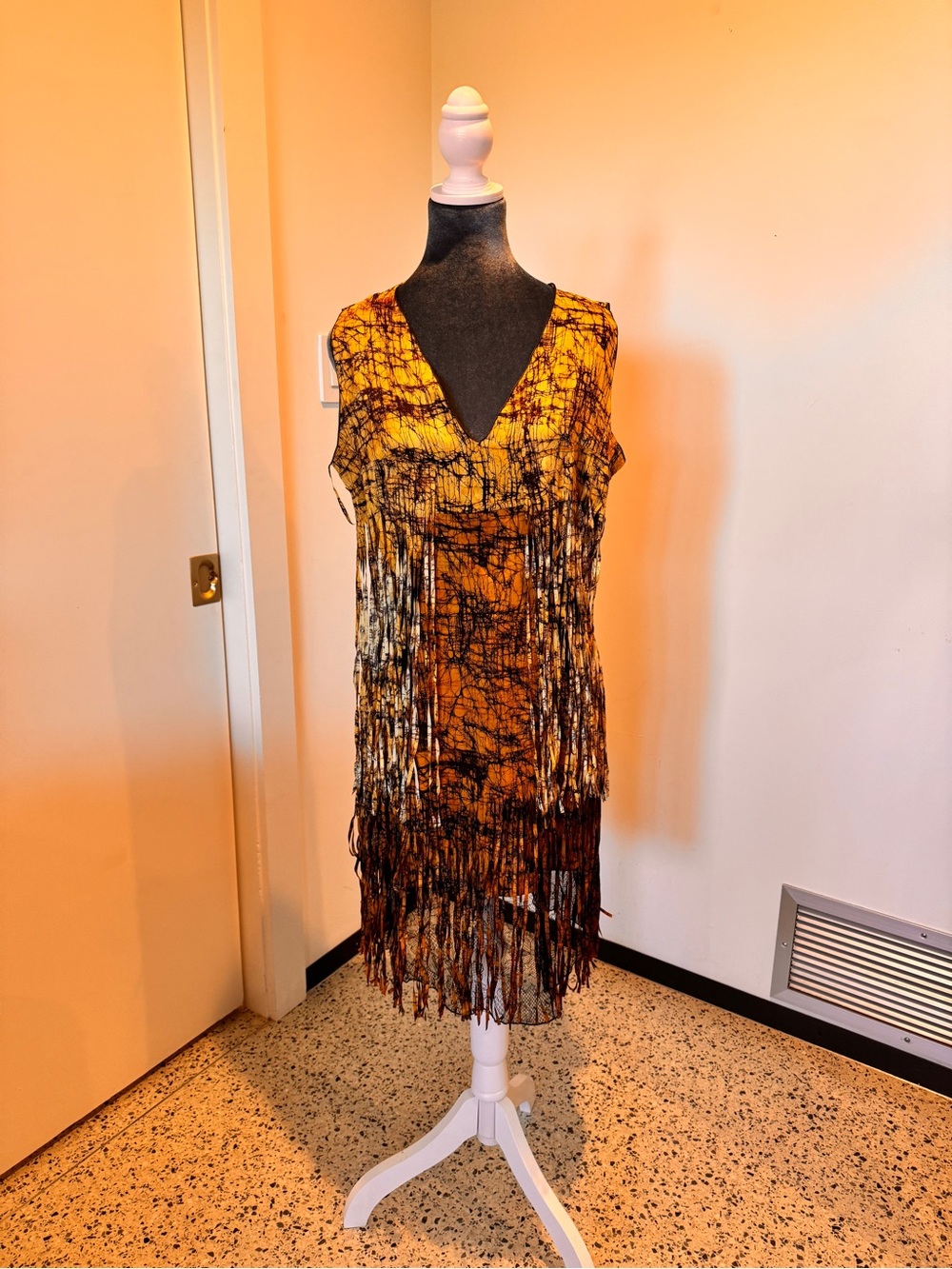 Bottega Veneta Ochre Gold Black Fringe V-Neck Mini Dress